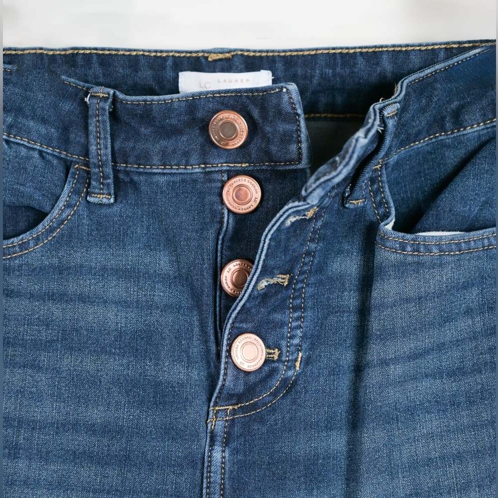 LAUREN CONRAD High Rise Blue Denim Skinny Jeans with Button Detail
